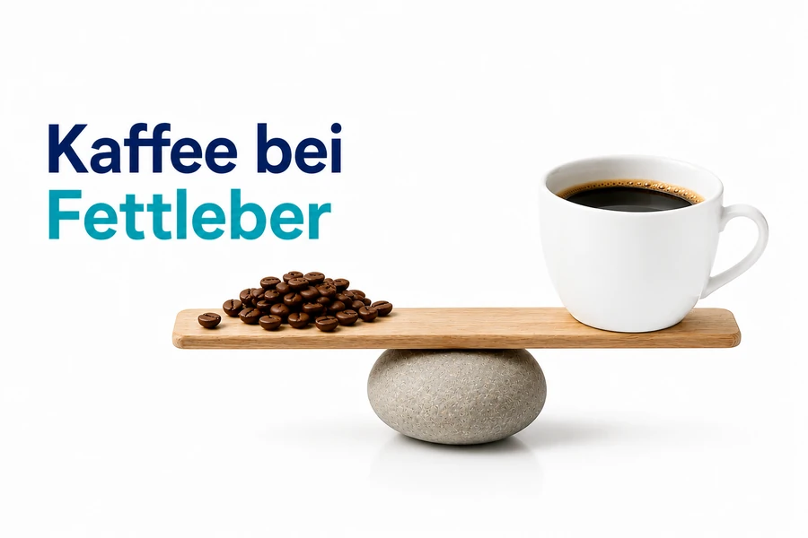 Kaffee bei Fettleber mit Kaffeetasse, Kaffeebohnen und symbolischer Darstellung der Leber