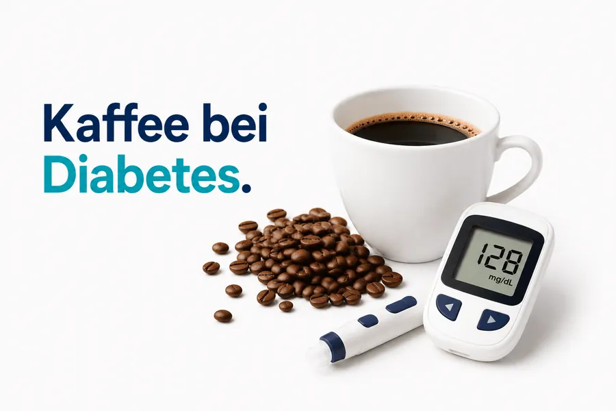 Kaffee bei Diabetes mit Kaffeetasse, Kaffeebohnen und Blutzuckermessgerät