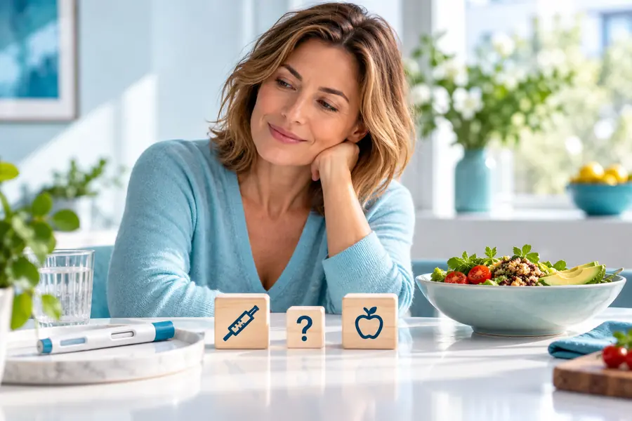 Frau vor der Entscheidung zwischen Abnehmspritze und individuellem Weg über Ernährung und Stoffwechselanalyse.