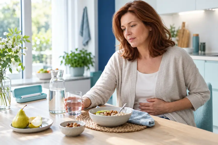 Frau mit Bauchbeschwerden neben Wasser, ballaststoffreichem Frühstück und einem Injektionspen