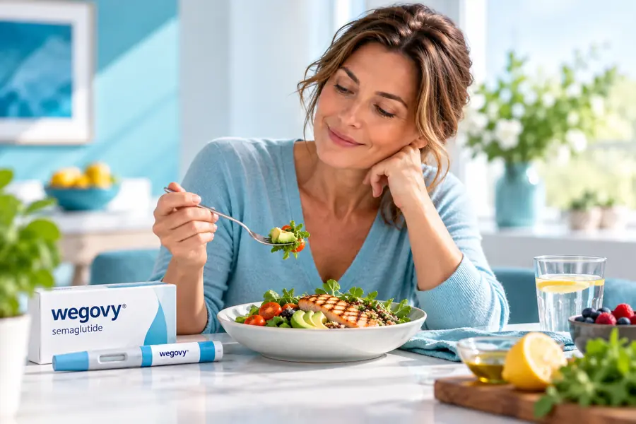 Frau bei einer ausgewogenen Mahlzeit während einer Behandlung mit Wegovy