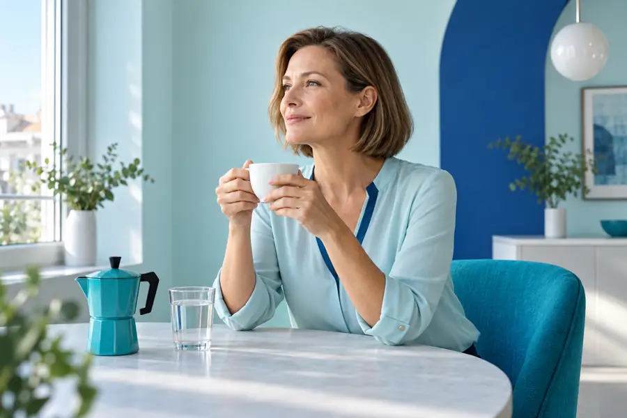Frau genießt bewusst eine Tasse Kaffee mit einem Glas Wasser am Morgen