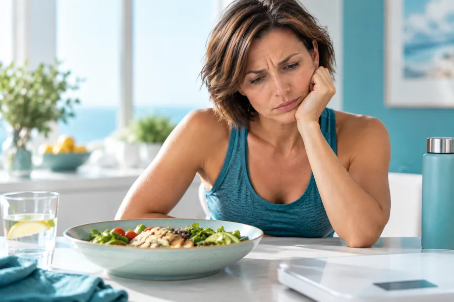 Frustrierte Frau trotz gesunder Ernährung und konsequenter Bemühungen – kein sichtbarer Fettverlust.
