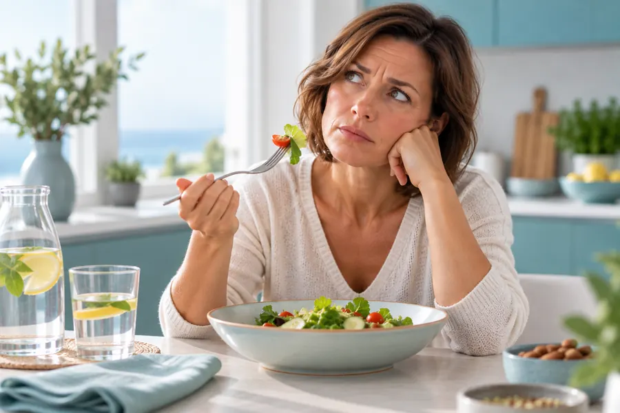 Nachdenkliche Frau ist nach dem Essen noch nicht satt und verspürt weiterhin Hunger.