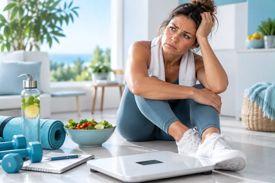 Frustrierte Frau trotz Sport und bewusster Ernährung – nicht abnehmen trotz Disziplin.