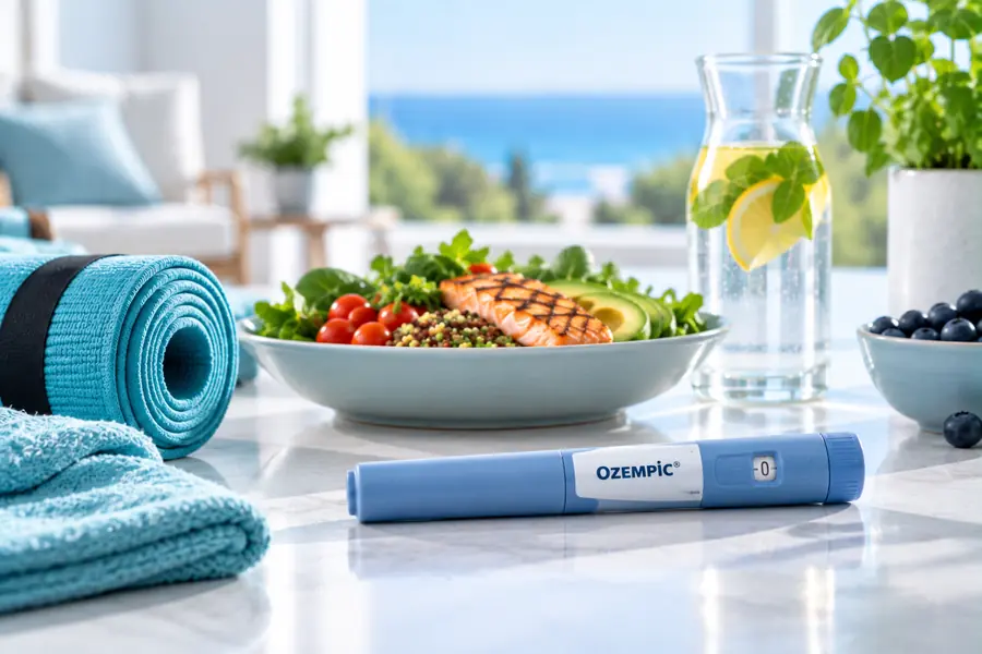 Ozempic-Injektionspen neben ausgewogener Ernährung und Bewegung als Symbol für das Abnehmen mit Ozempic.