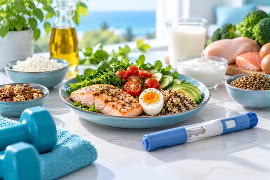 Proteinreiche Lebensmittel und Injektionspen – Proteinbedarf bei der Anwendung von Abnehmspritzen.