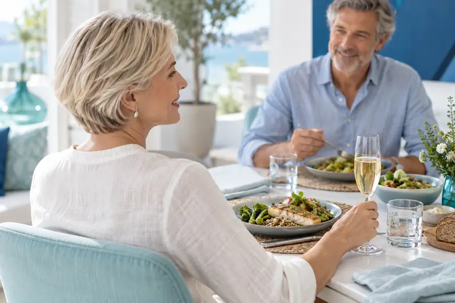 Frau trinkt ein Glas Schaumwein zu einer ausgewogenen Mahlzeit