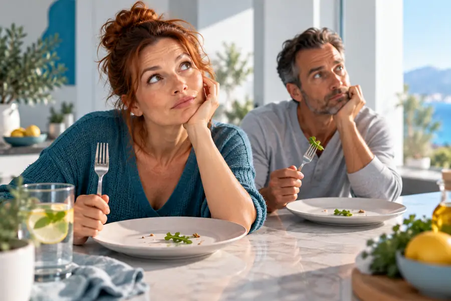 Frau und Mann trotz Mahlzeit noch hungrig – ständiger Hunger beim Abnehmen.