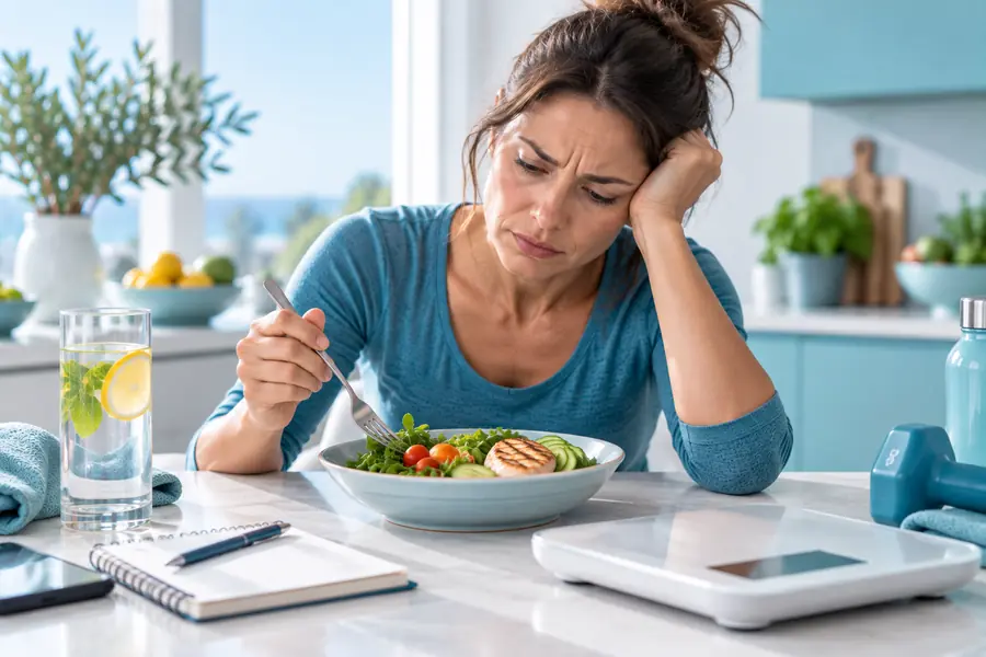 Frustrierte Frau trotz kontrollierter Ernährung – trotz Kaloriendefizit kein sichtbarer Gewichtsverlust.