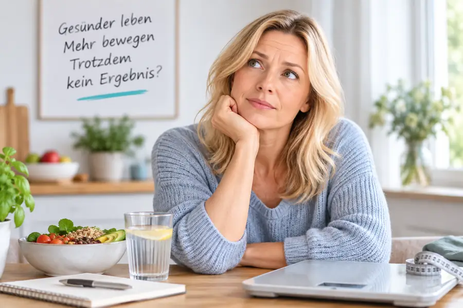 Nachdenkliche blonde Frau fragt sich, warum sie trotz gesunder Ernährung und Bewegung nicht abnimmt.